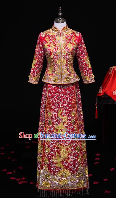 Top Grade Chinese Traditional Wedding Costumes Longfeng Flown Bride Embroidered Xiuhe Suits for Women