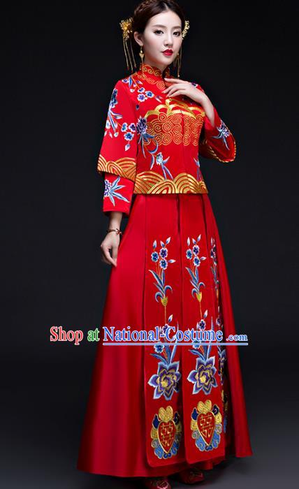 Chinese Traditional Wedding Costumes Longfeng Flown Bride Embroidered Flowers Red Xiuhe Suits for Women