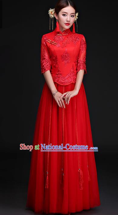 Chinese Traditional Wedding Costumes Longfeng Flown Bride Embroidered Lace Xiuhe Suits for Women