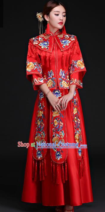 Chinese Traditional Wedding Costumes Ancient Longfeng Flown Bride Embroidered Peony Xiuhe Suits for Women