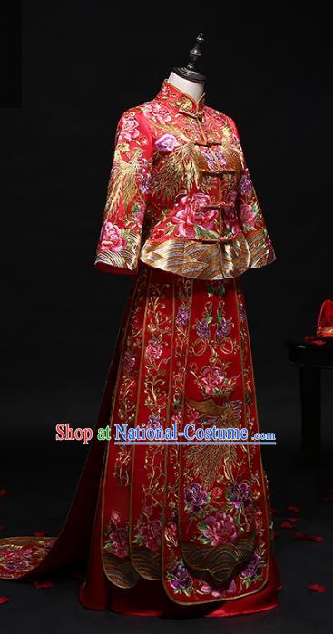 Chinese Traditional Embroidered Peony Phoenix Wedding Costumes Ancient Diamante Longfeng Flown Bride Xiuhe Suits for Women