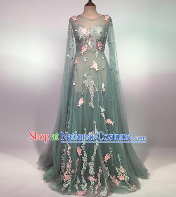 Top Grade Stage Performance Customized Costume Models Catwalks Green Veil Full Dress for Women