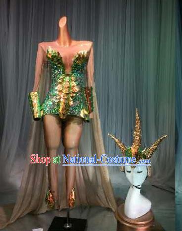 Top Grade Pub Singer Stage Performance Customized Green Costume Halloween Models Catwalks Clothing for Women