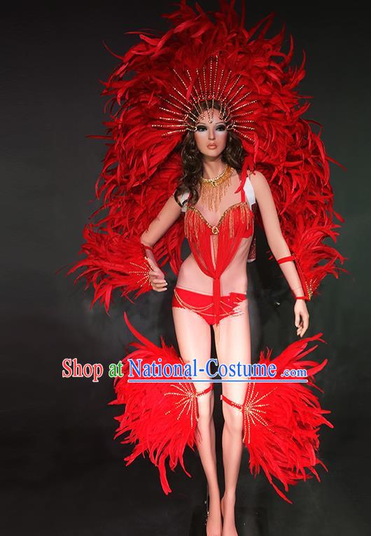 Top Grade Stage Performance Brazilian Rio Carnival Costume Red Feather Wings and Headwear for Women