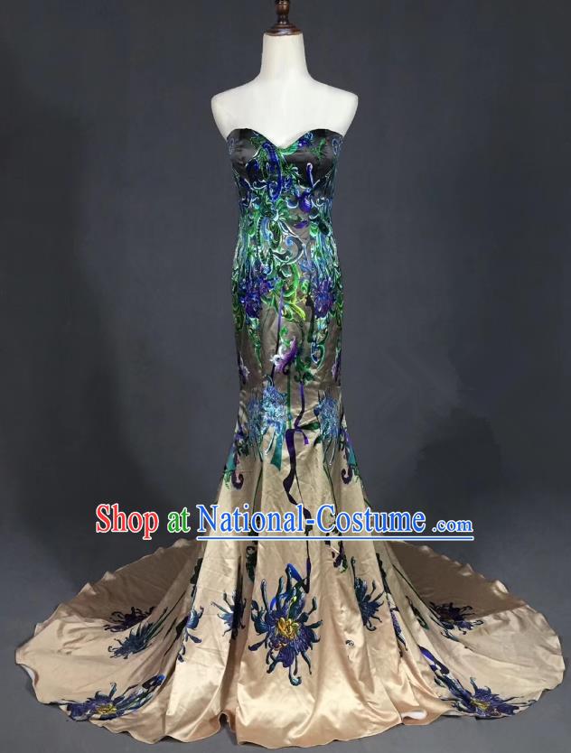 Top Grade Compere Stage Performance Customized Costume Models Catwalks Embroidered Full Dress for Women