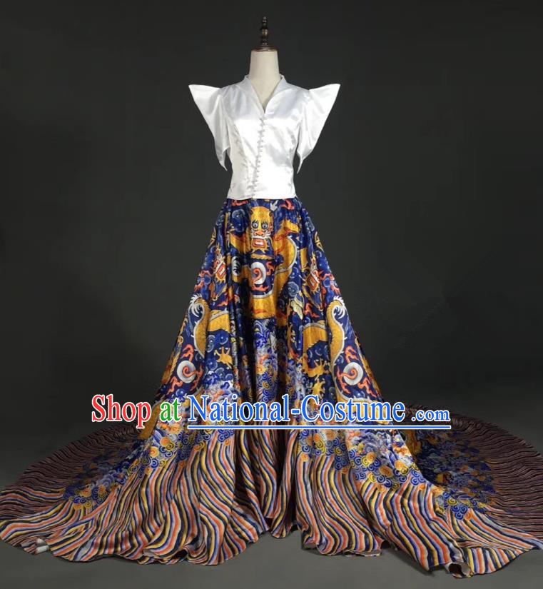 Top Grade Compere Stage Performance Customized Costume Models Catwalks Printing Trailing Full Dress for Women