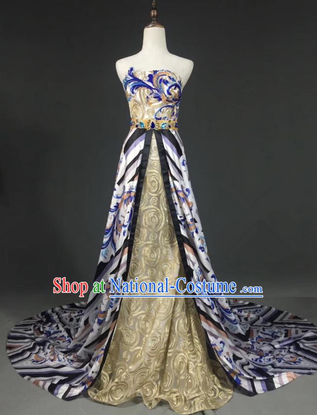 Top Grade Compere Stage Performance Customized Costume Models Catwalks Printing Full Dress for Women