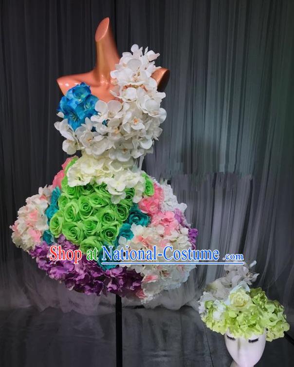 Top Grade Stage Performance Compere Costume Models Catwalks Flowers Fairy Dress and Headwear for Women