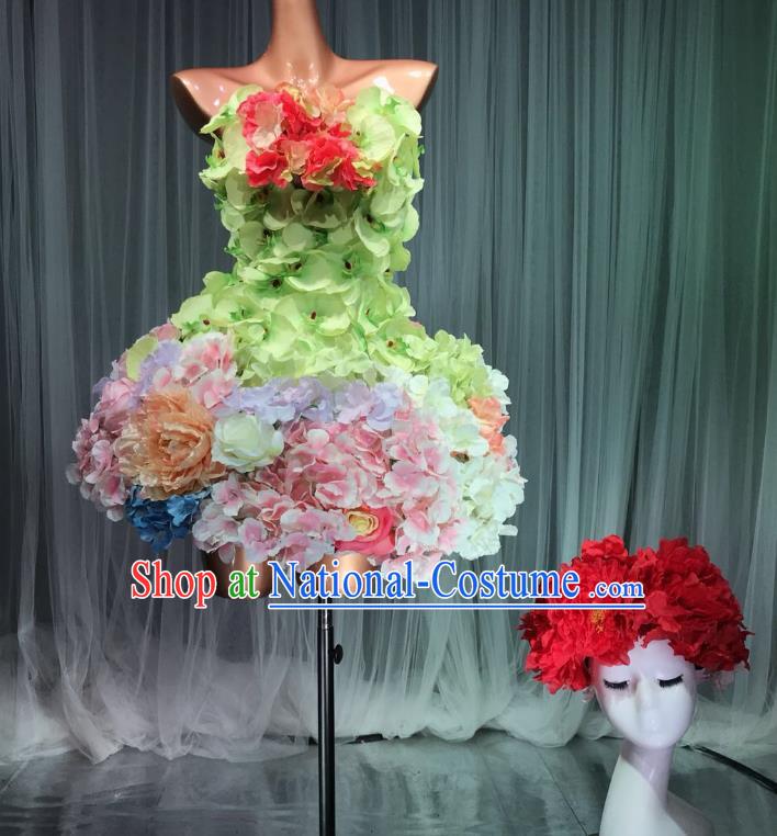 Top Grade Stage Performance Costume Models Catwalks Flowers Fairy Dance Dress and Headwear for Women