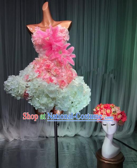 Top Grade Stage Performance Costume Models Catwalks Flowers Fairy Dance Dress and Headwear for Women