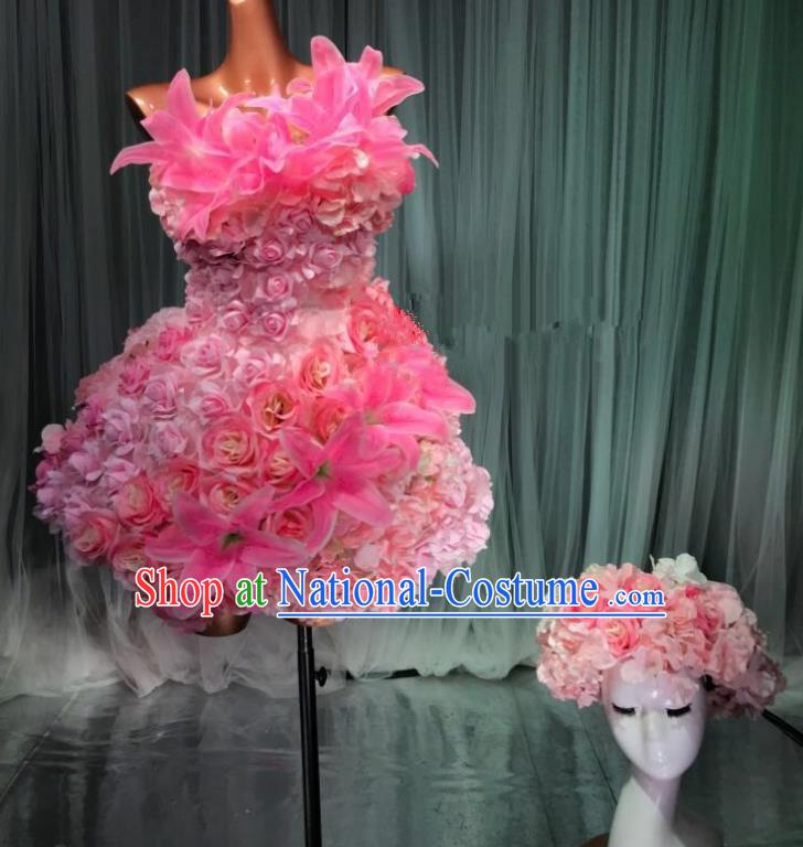 Top Grade Stage Performance Costume Models Catwalks Pink Flowers Fairy Dance Dress and Headwear for Women