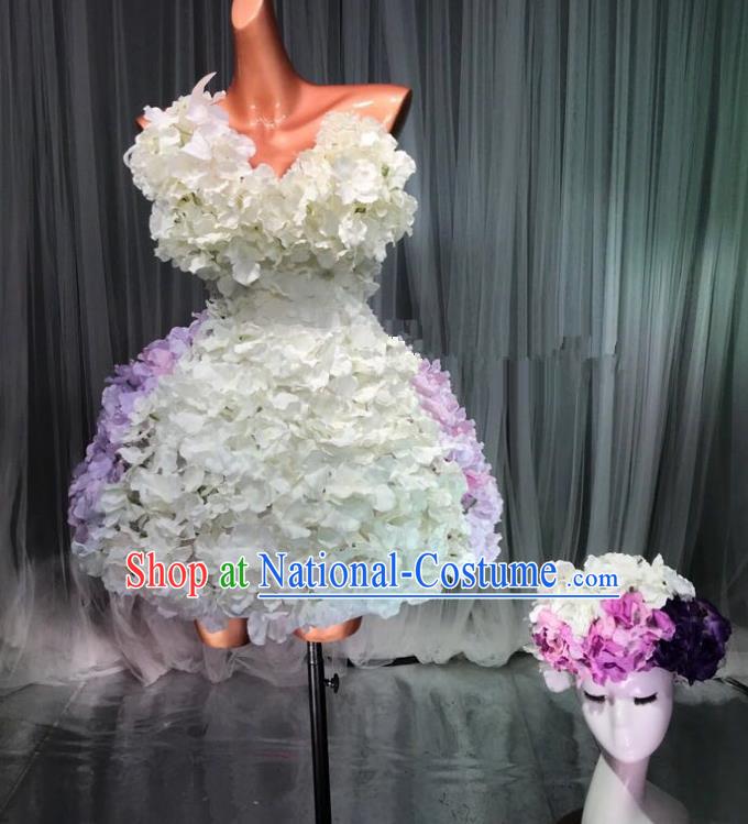 Top Grade Stage Performance Costume Models Catwalks White Flowers Fairy Dance Dress and Headwear for Women