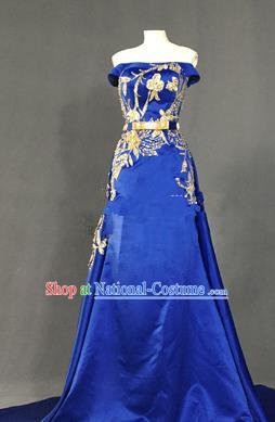 Top Grade Stage Performance Costume Models Catwalks Royalblue Off Shoulder Full Dress for Women