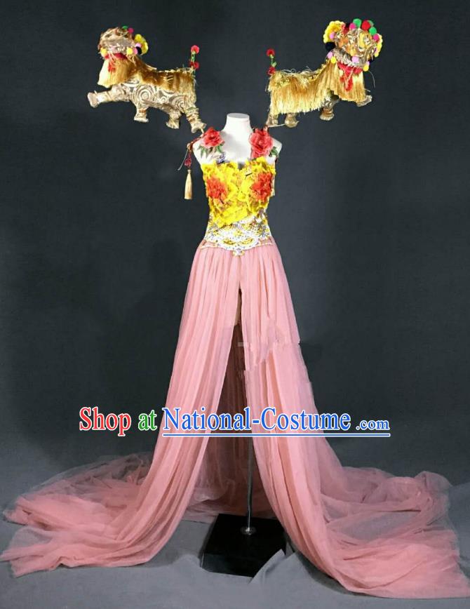 Top Grade Stage Performance Costume Models Catwalks Lion Pink Full Dress for Women