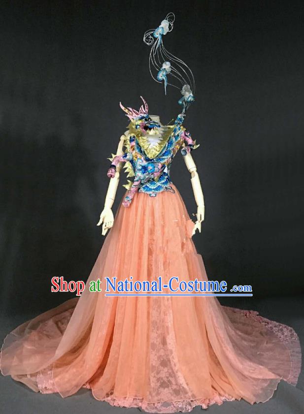 Top Grade Stage Performance Costume Models Catwalks Dragon Orange Full Dress for Women