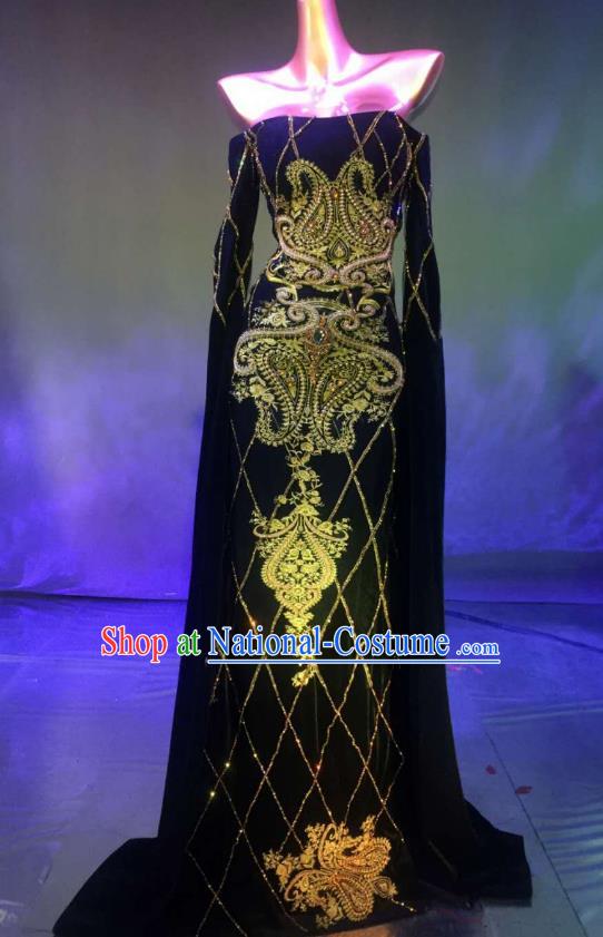 Top Grade Stage Performance Compere Costume Models Catwalks Black Full Dress for Women