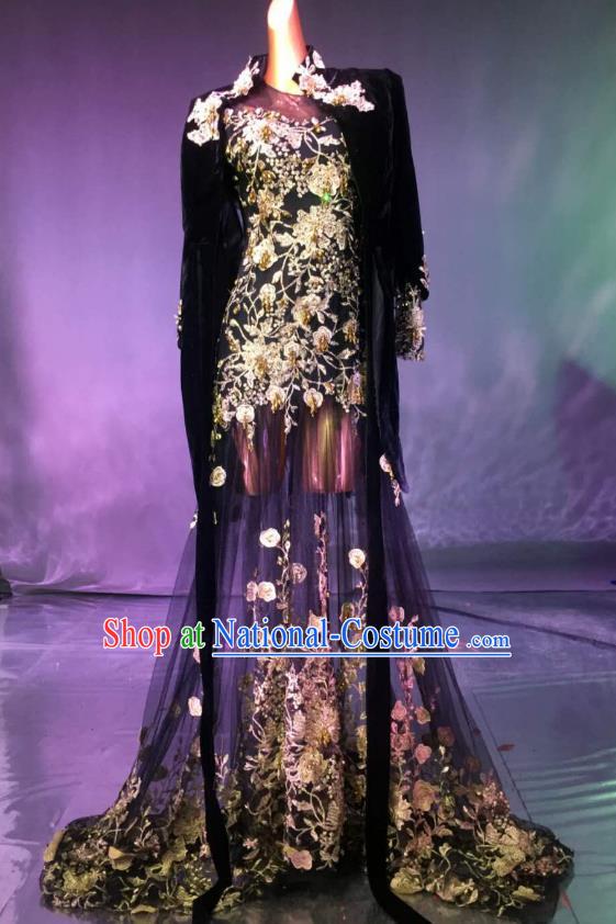 Top Grade Stage Performance Compere Costume Models Catwalks Black Veil Full Dress for Women