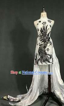 Top Grade Models Catwalks Costume Compere White Cheongsam Stage Performance Full Dress for Women