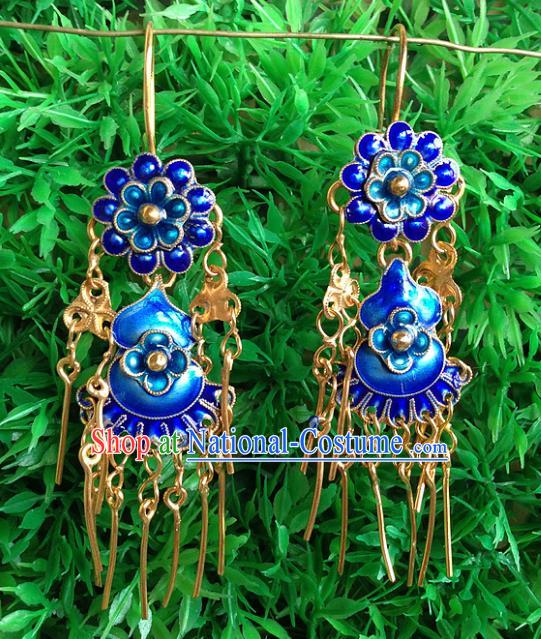 Handmade Chinese Miao Nationality Blueing Calabash Tassel Earrings Hmong Sliver Eardrop for Women