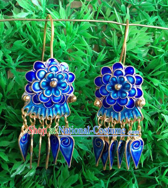 Handmade Chinese Miao Nationality Blueing Flowers Tassel Earrings Hmong Sliver Eardrop for Women