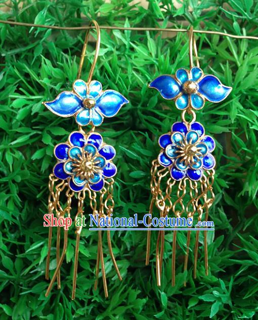 Handmade Chinese Miao Nationality Blueing Lotus Tassel Earrings Hmong Sliver Eardrop for Women