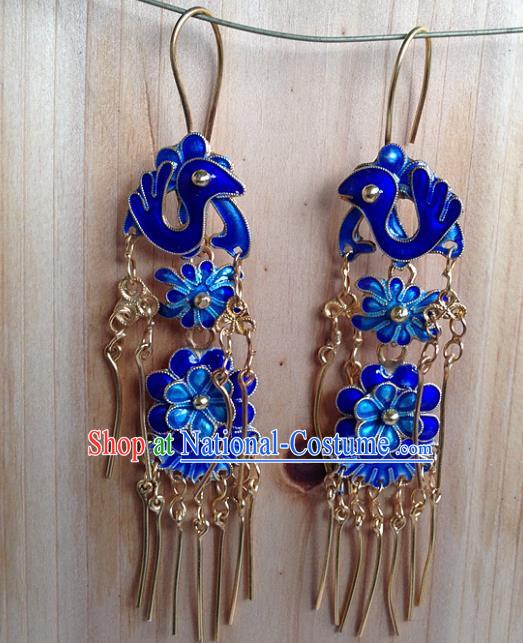 Handmade Chinese Miao Nationality Blueing Phoenix Tassel Earrings Hmong Sliver Eardrop for Women