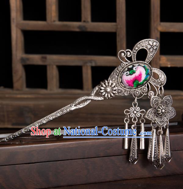 Chinese Traditional Hair Accessories Ancient Hanfu Sliver Tassel Hair Clip Embroidered Hairpin for Women