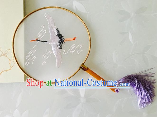 Chinese Traditional Embroidered Crane Palace Fan Ancient Hanfu Round Fans for Women