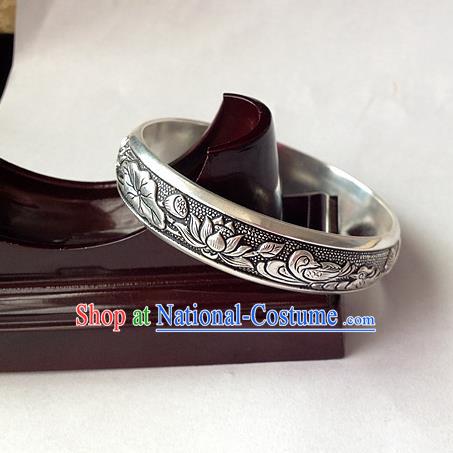 Handmade Chinese Miao Nationality Craft Carving Mandarin Duck Sliver Bracelet Traditional Hmong Bangle for Women