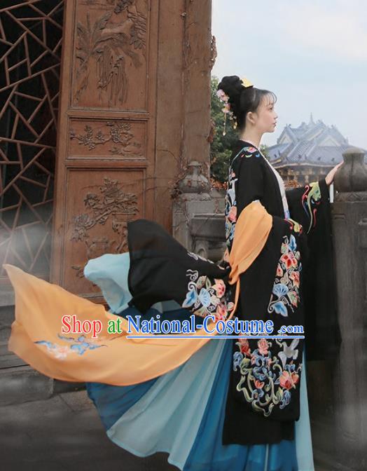 Chinese Tang Dynasty Imperial Consort Costume Ancient Peri Embroidered Black Wide Sleeve Cardigan for Women