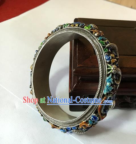 Handmade Chinese Miao Nationality Sliver Bracelet Traditional Hmong Blueing Lotus Bangle for Women