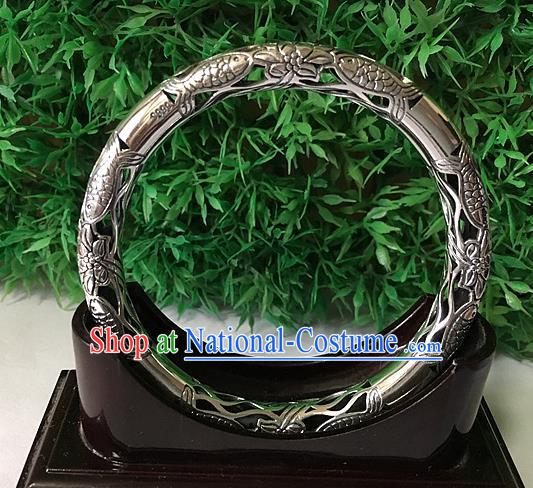 Handmade Chinese Miao Nationality Sliver Bracelet Traditional Hmong Carving Fishes Bangle for Women