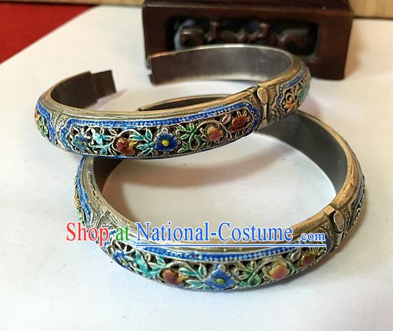 Handmade Chinese Miao Nationality Sliver Retro Bracelet Traditional Hmong Blueing Bangle for Women