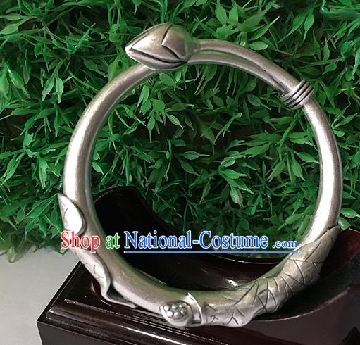 Handmade Chinese Miao Nationality Sliver Hoop Bracelet Traditional Hmong Bangle for Women