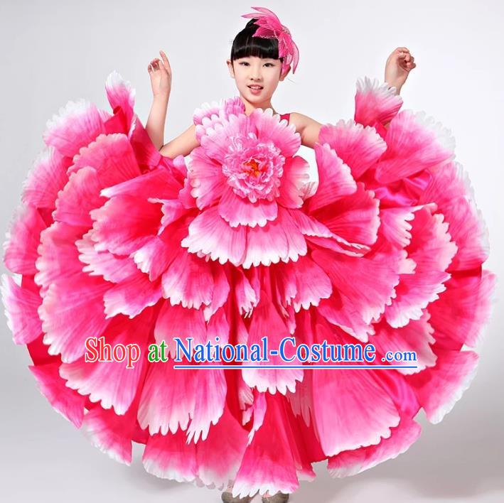 Children Models Show Costume Chinese Stage Performance Catwalks Folk Dance Pink Dress for Kids