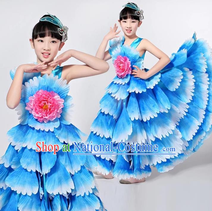 Children Models Show Costume Chinese Stage Performance Catwalks Folk Dance Blue Dress for Kids