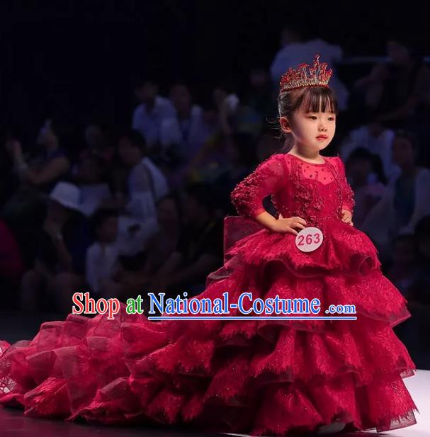 Children Models Show Costume Stage Performance Modern Dance Red Trailing Dress for Kids