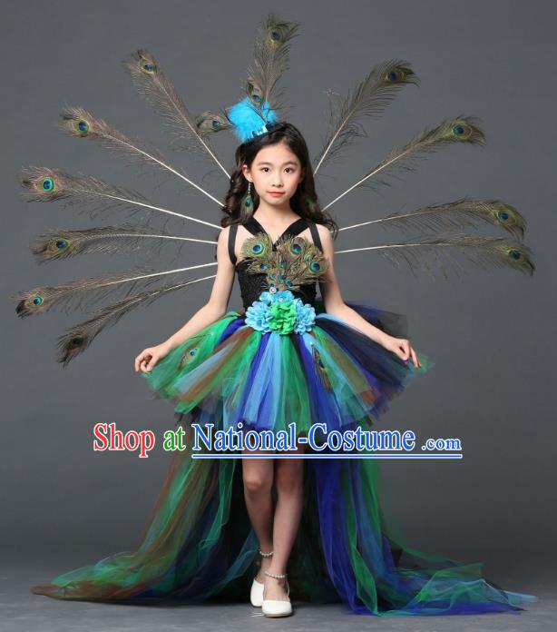 Children Models Show Costume Stage Performance Modern Dance Catwalks Peacock Feather Trailing Dress for Kids