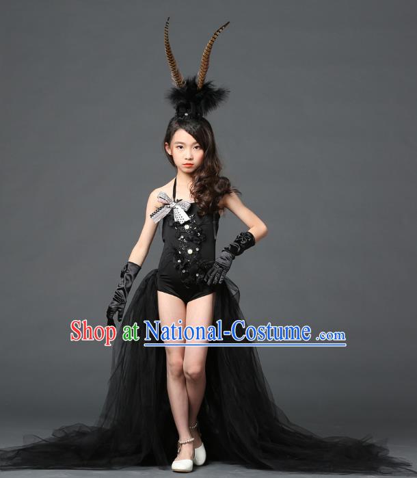 Children Models Show Costume Stage Performance Modern Dance Catwalks Black Veil Trailing Dress for Kids