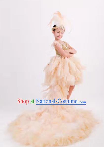 Children Models Show Costume Stage Performance Modern Dance Catwalks White Feather Trailing Dress for Kids