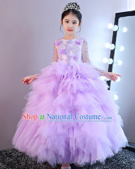 Children Models Show Costume Stage Performance Catwalks Purple Veil Dress for Kids