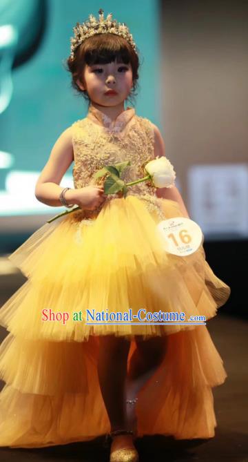 Children Models Show Costume Stage Performance Modern Dance Catwalks Princess Yellow Veil Trailing Dress for Kids