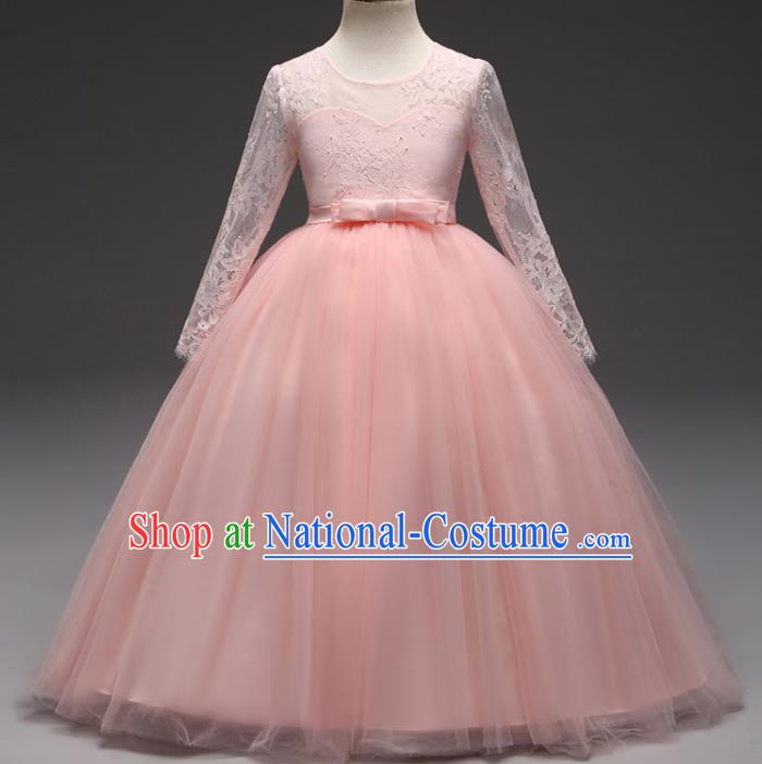 Children Models Show Costume Stage Performance Modern Dance Compere Pink Lace Veil Dress for Kids