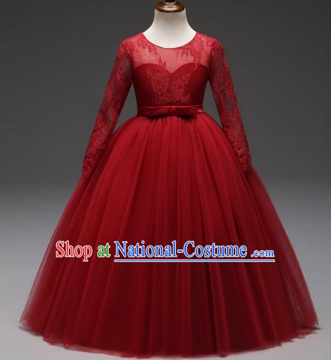 Children Models Show Costume Stage Performance Modern Dance Compere Red Lace Veil Dress for Kids