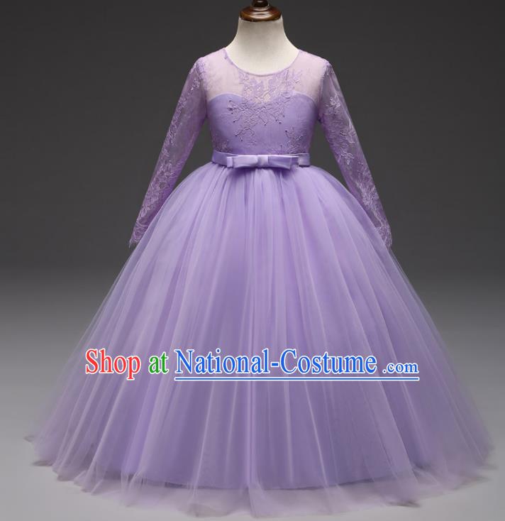 Children Models Show Costume Stage Performance Modern Dance Compere Lilac Lace Veil Dress for Kids