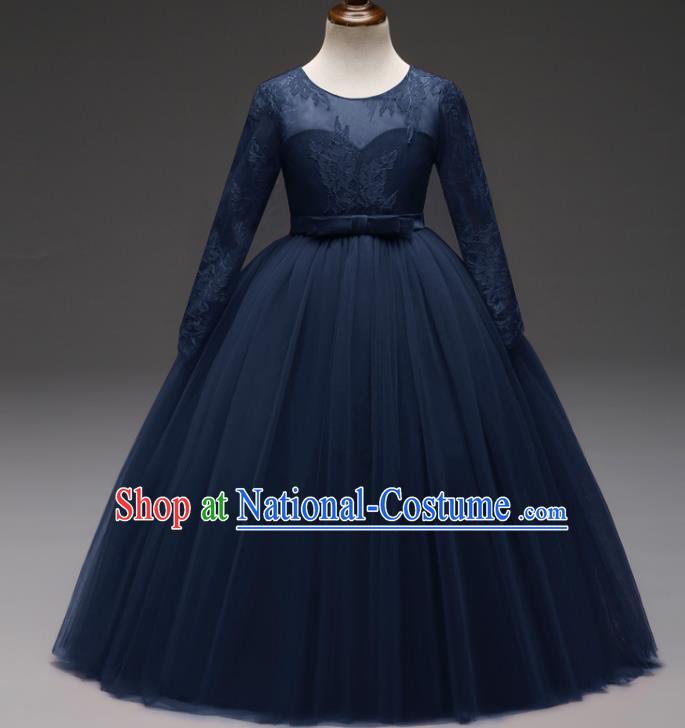 Children Models Show Costume Stage Performance Modern Dance Compere Navy Lace Veil Dress for Kids