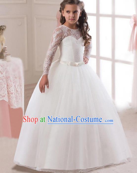 Children Models Show Costume Stage Performance Modern Dance Compere White Lace Veil Dress for Kids