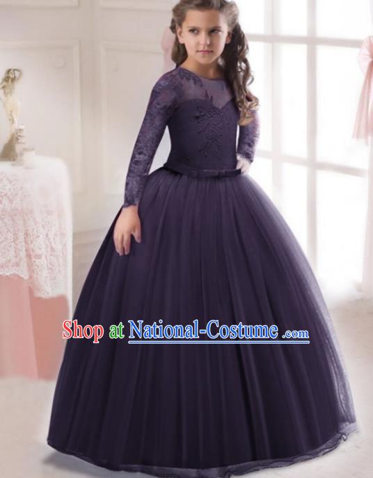 Children Models Show Costume Stage Performance Modern Dance Compere Purple Lace Veil Dress for Kids