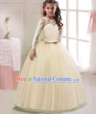 Children Models Show Costume Stage Performance Modern Dance Compere Champagne Lace Veil Dress for Kids