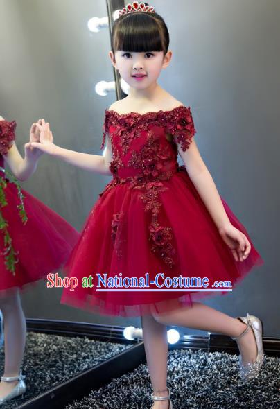 Children Models Show Costume Stage Performance Catwalks Wine Red Veil Dress for Kids